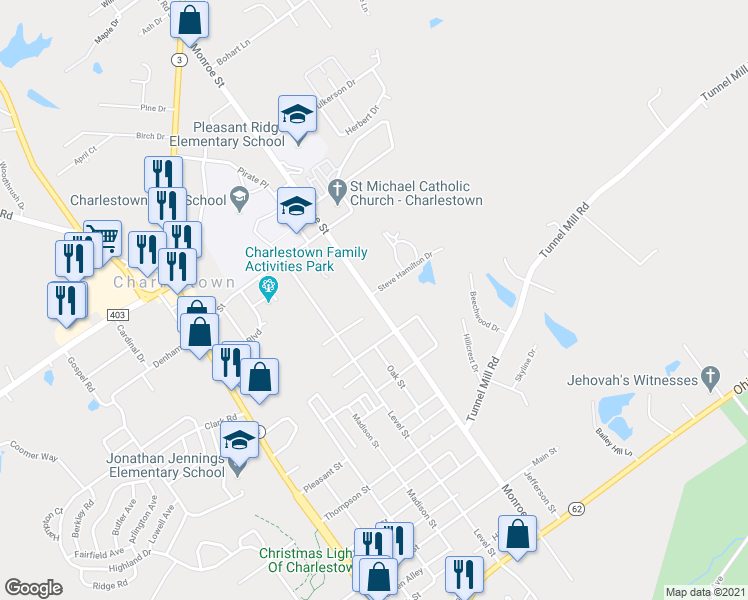 map of restaurants, bars, coffee shops, grocery stores, and more near 815 Monroe Street in Charlestown