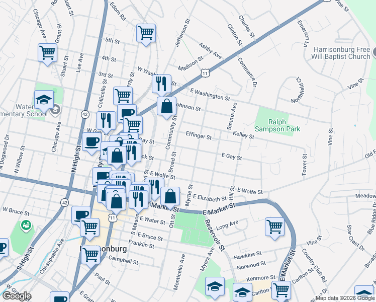 map of restaurants, bars, coffee shops, grocery stores, and more near 359 East Gay Street in Harrisonburg