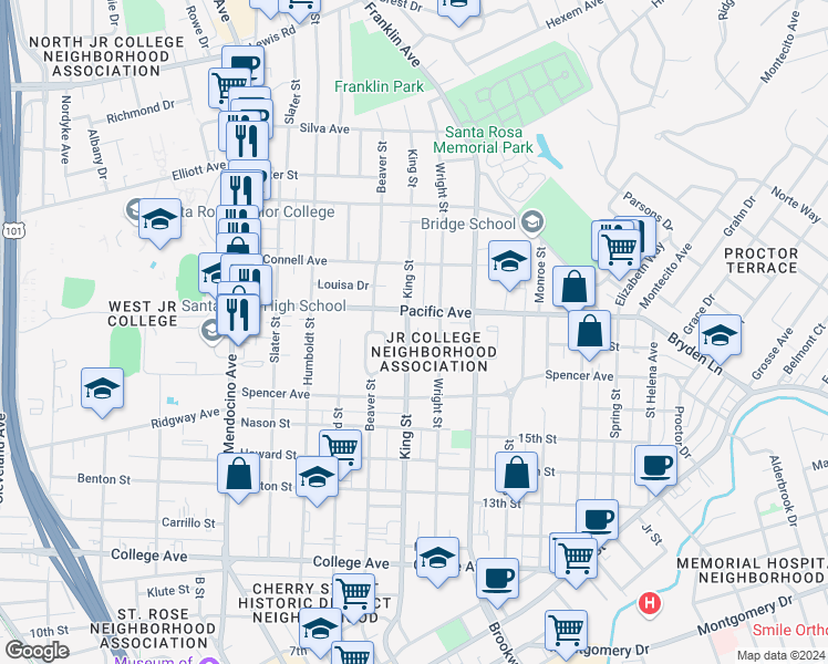 map of restaurants, bars, coffee shops, grocery stores, and more near 1050 King Street in Santa Rosa
