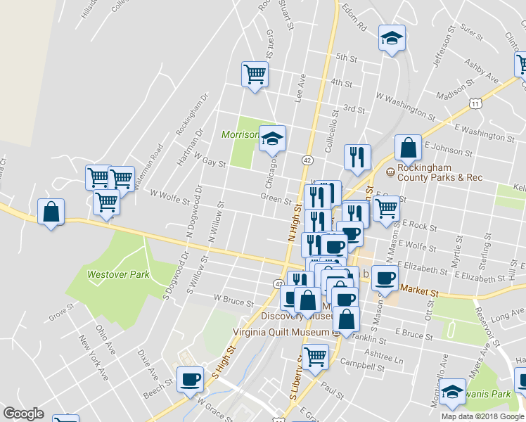 map of restaurants, bars, coffee shops, grocery stores, and more near 221 Chicago Avenue in Harrisonburg