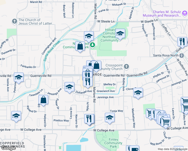 map of restaurants, bars, coffee shops, grocery stores, and more near Marlow Rd & Guerneville Rd in Santa Rosa