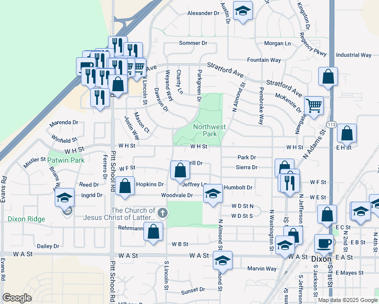 map of restaurants, bars, coffee shops, grocery stores, and more near 780 Cahill Court in Dixon