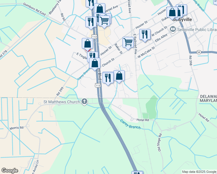 map of restaurants, bars, coffee shops, grocery stores, and more near 7 Discovery Lane in Selbyville