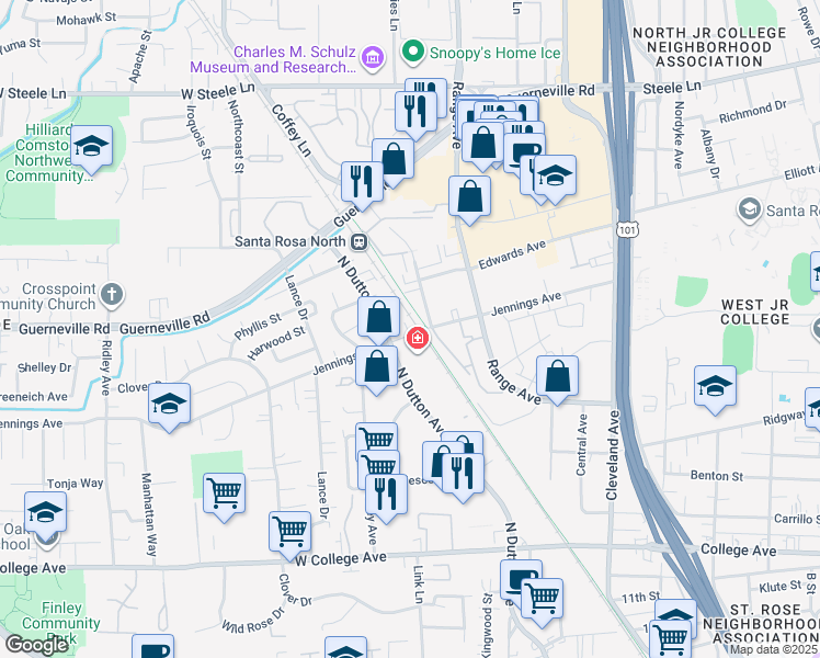 map of restaurants, bars, coffee shops, grocery stores, and more near 1101 Jennings Avenue in Santa Rosa
