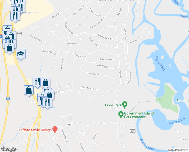 map of restaurants, bars, coffee shops, grocery stores, and more near 1031 Portugal Drive in Stafford