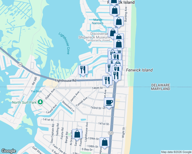 map of restaurants, bars, coffee shops, grocery stores, and more near 38972 Willow Lane in Fenwick Island