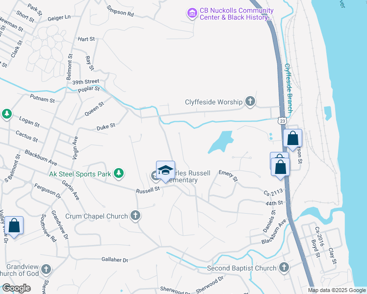 map of restaurants, bars, coffee shops, grocery stores, and more near 4015 Mound Street in Ashland