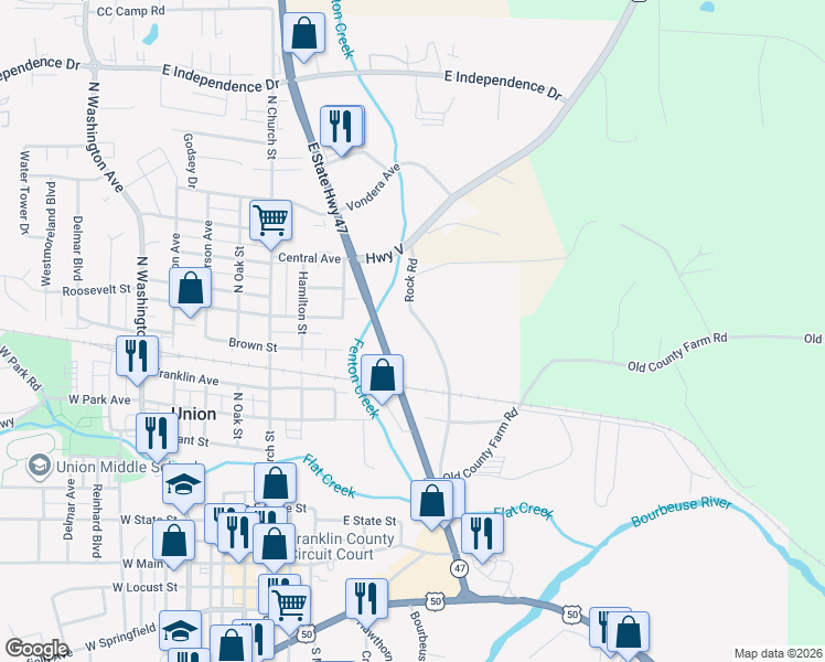 map of restaurants, bars, coffee shops, grocery stores, and more near 901 Rock Road in Union