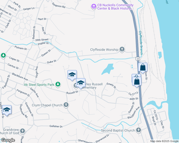 map of restaurants, bars, coffee shops, grocery stores, and more near 4015 Mound Street in Ashland