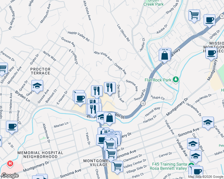 map of restaurants, bars, coffee shops, grocery stores, and more near 147 Alice Street in Santa Rosa