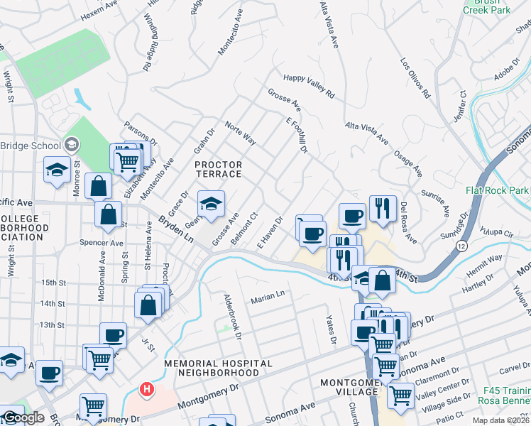 map of restaurants, bars, coffee shops, grocery stores, and more near 2030 Augustan Avenue in Santa Rosa