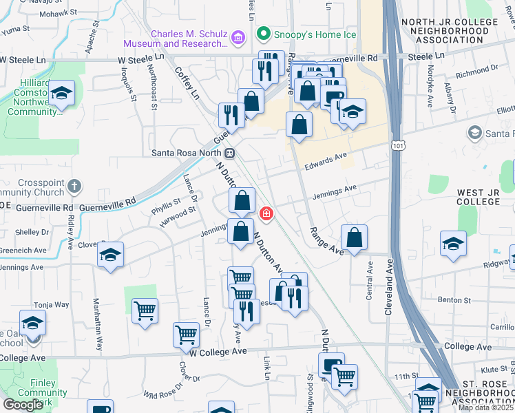 map of restaurants, bars, coffee shops, grocery stores, and more near 1101 Jennings Avenue in Santa Rosa