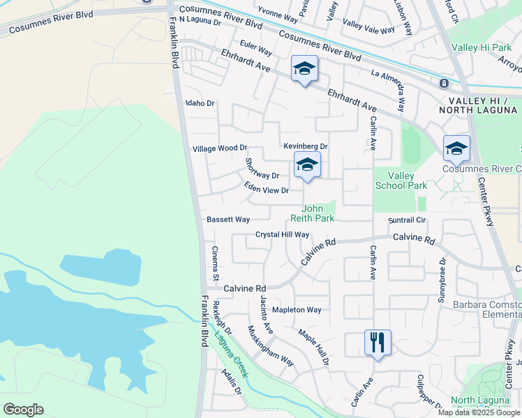 map of restaurants, bars, coffee shops, grocery stores, and more near 5338 Troutdale Way in Sacramento
