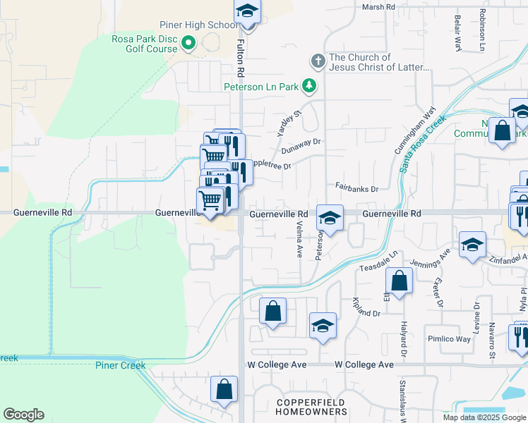 map of restaurants, bars, coffee shops, grocery stores, and more near Guerneville Road & Covent Garden in Santa Rosa