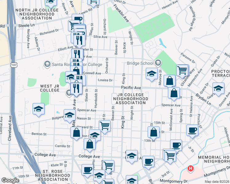 map of restaurants, bars, coffee shops, grocery stores, and more near 1182 Neale Drive in Santa Rosa
