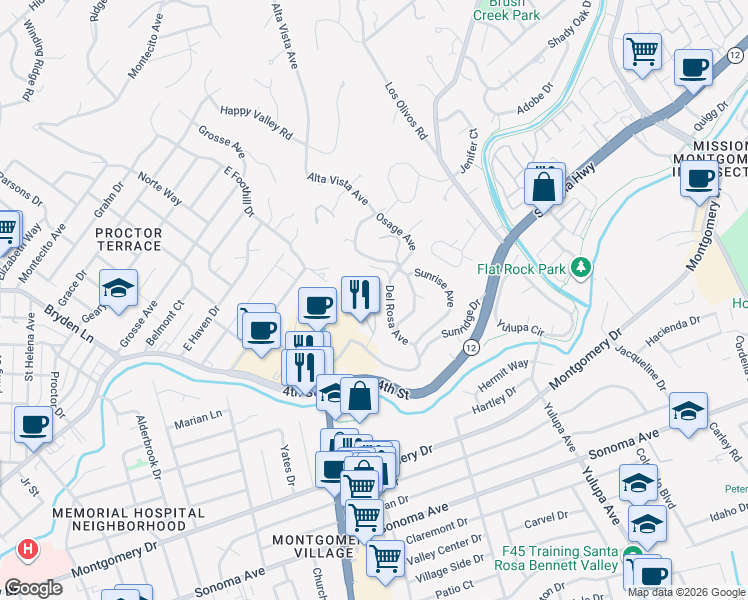 map of restaurants, bars, coffee shops, grocery stores, and more near 147 Alice Street in Santa Rosa