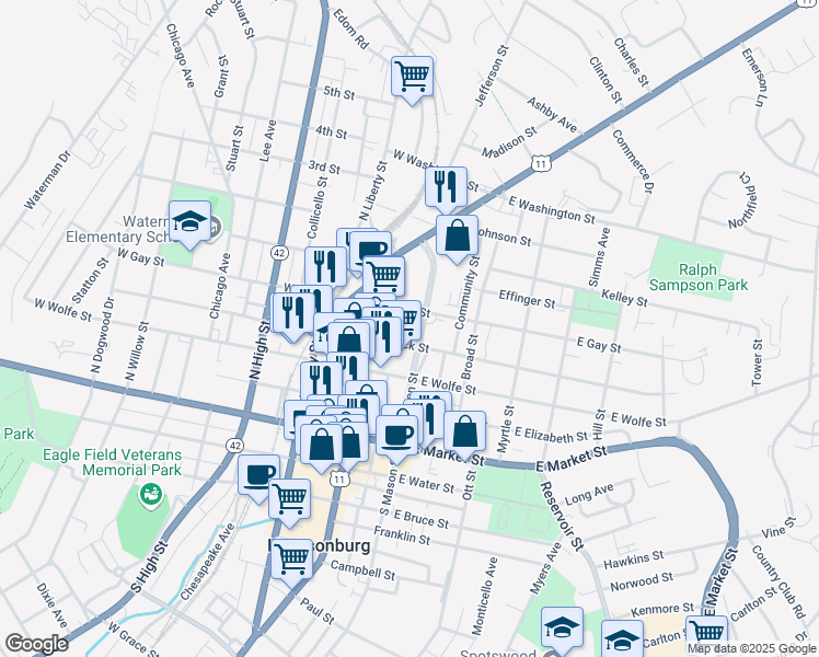 map of restaurants, bars, coffee shops, grocery stores, and more near 340 North Mason Street in Harrisonburg