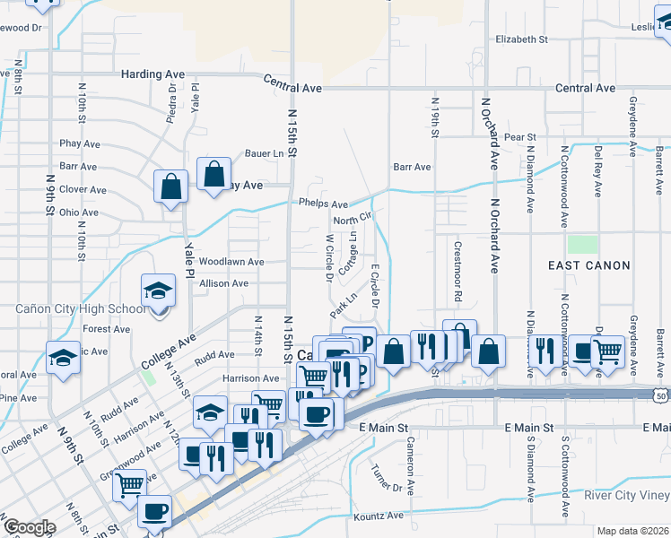 map of restaurants, bars, coffee shops, grocery stores, and more near 101 Cottage Lane in Cañon City