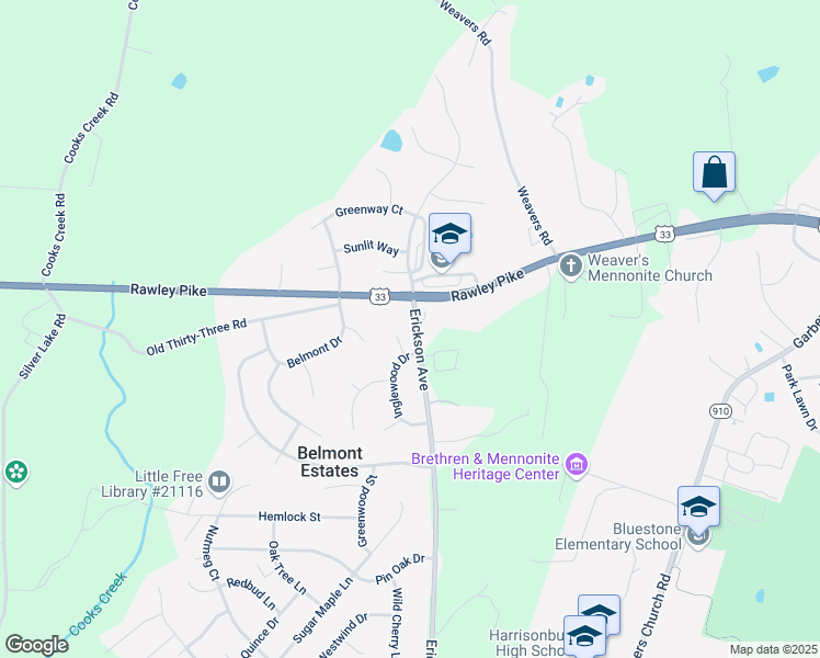 map of restaurants, bars, coffee shops, grocery stores, and more near 78 Erickson Avenue in Harrisonburg