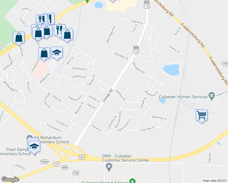 map of restaurants, bars, coffee shops, grocery stores, and more near 2003 Chestnut Drive in Culpeper