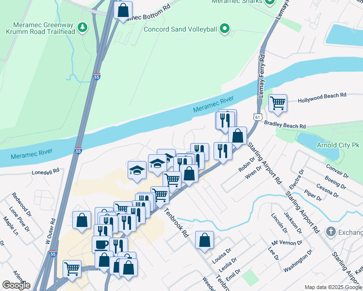 map of restaurants, bars, coffee shops, grocery stores, and more near 461 Bluffview Heights in Arnold