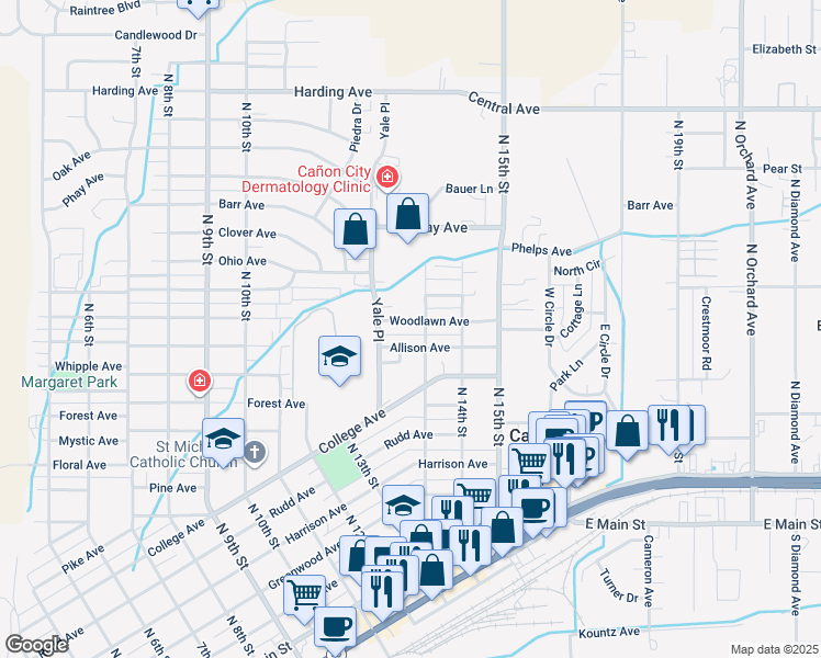 map of restaurants, bars, coffee shops, grocery stores, and more near 1344 Woodlawn Ave in Cañon City