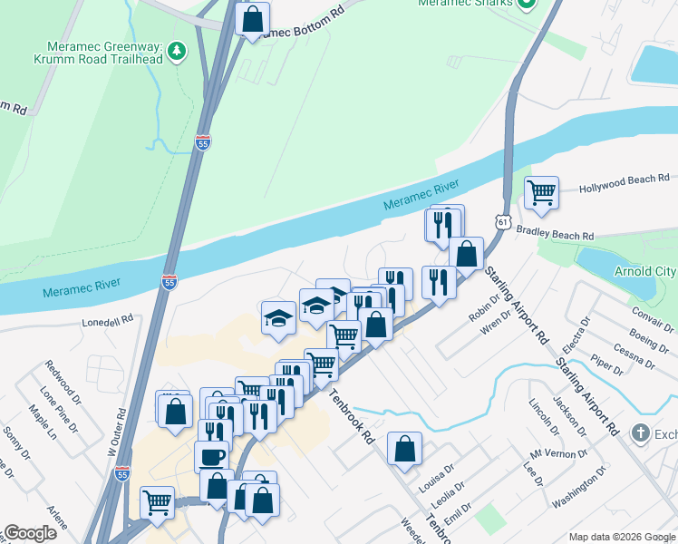 map of restaurants, bars, coffee shops, grocery stores, and more near 2383 Riverbluff Dr in Arnold
