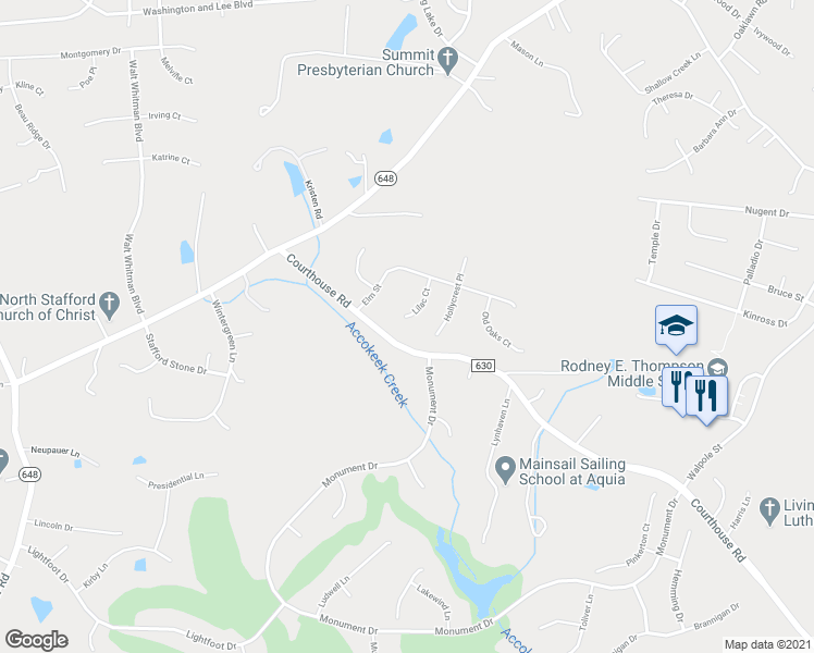 map of restaurants, bars, coffee shops, grocery stores, and more near 2 Lilac Court in Stafford