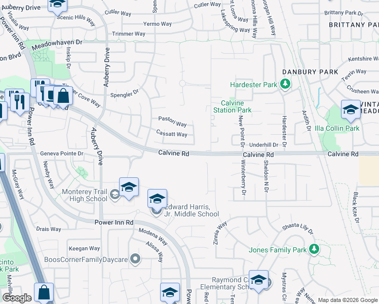 map of restaurants, bars, coffee shops, grocery stores, and more near Calvine Road in Sacramento