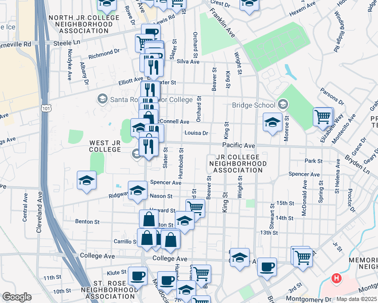 map of restaurants, bars, coffee shops, grocery stores, and more near 1147 Orchard Street in Santa Rosa