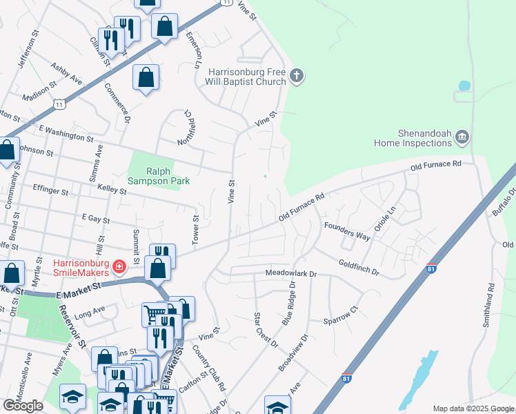 map of restaurants, bars, coffee shops, grocery stores, and more near 1060 Old Furnace Road in Harrisonburg