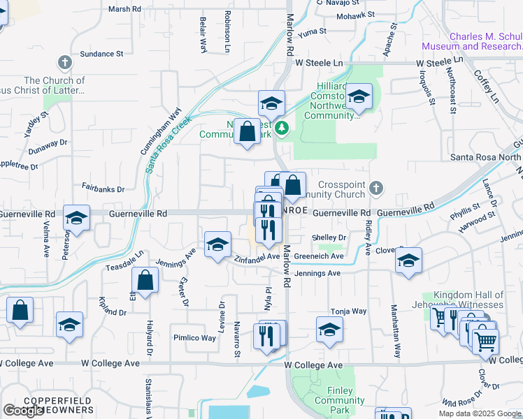 map of restaurants, bars, coffee shops, grocery stores, and more near 2041 Guerneville Road in Santa Rosa