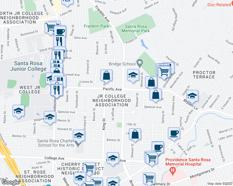 map of restaurants, bars, coffee shops, grocery stores, and more near 1334 Wright Street in Santa Rosa