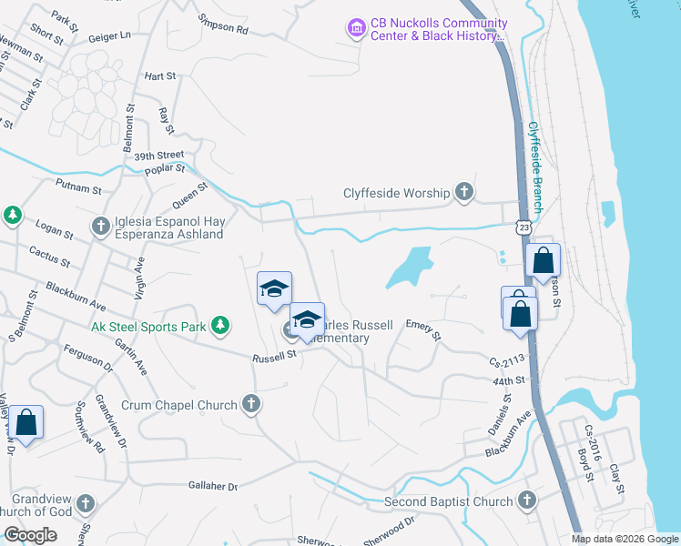 map of restaurants, bars, coffee shops, grocery stores, and more near 4013 Mound Street in Ashland
