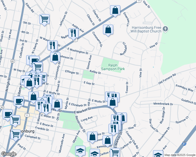 map of restaurants, bars, coffee shops, grocery stores, and more near 1 Lincoln Circle in Harrisonburg