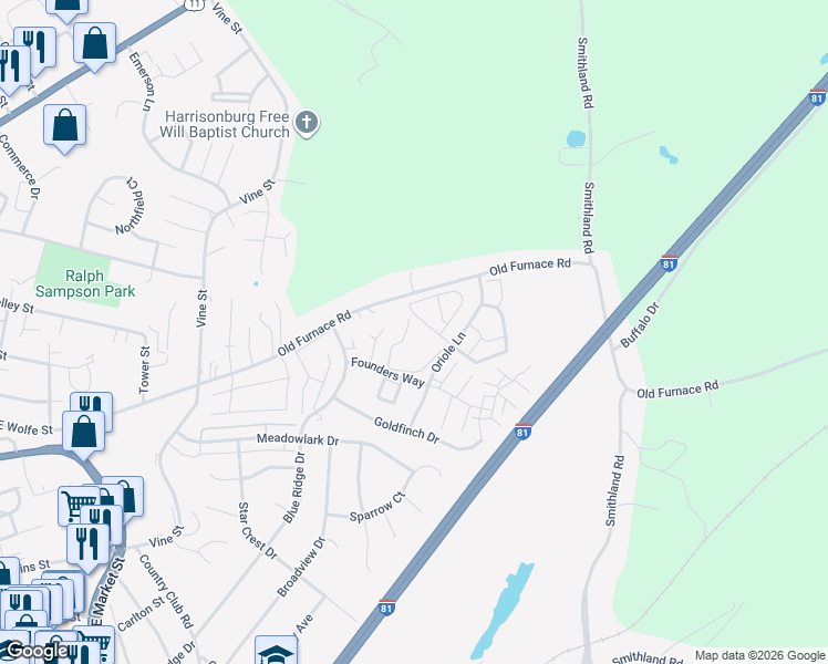 map of restaurants, bars, coffee shops, grocery stores, and more near 1094 Woodbury Circle in Harrisonburg