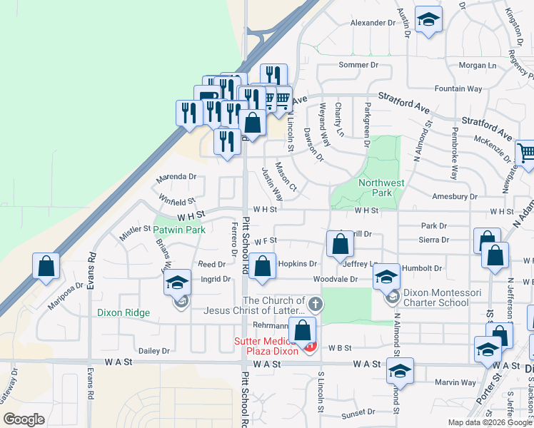 map of restaurants, bars, coffee shops, grocery stores, and more near 1315 West H Street in Dixon