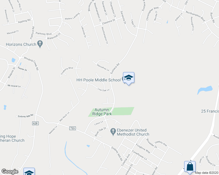 map of restaurants, bars, coffee shops, grocery stores, and more near 2 Live Oak Lane in Stafford