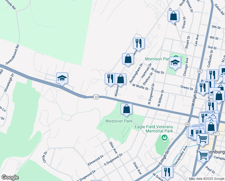 map of restaurants, bars, coffee shops, grocery stores, and more near 924 West Market Street in Harrisonburg