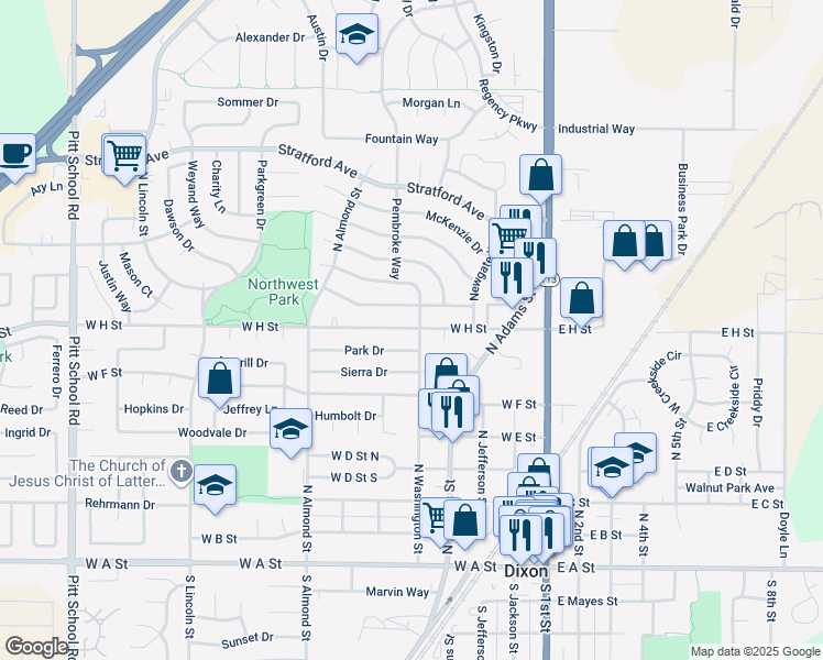 map of restaurants, bars, coffee shops, grocery stores, and more near 535 West H Street in Dixon