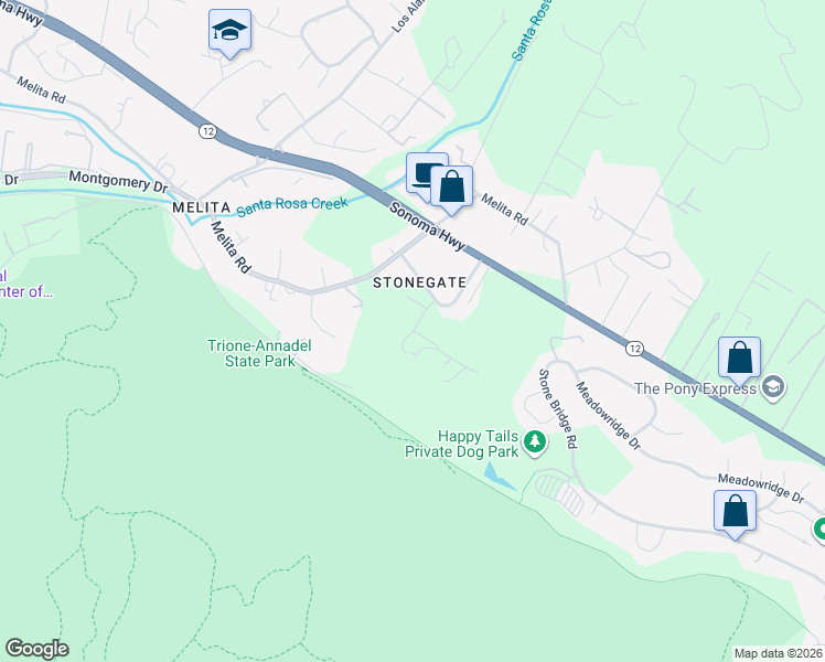 map of restaurants, bars, coffee shops, grocery stores, and more near 425 Elnoka Lane in Santa Rosa