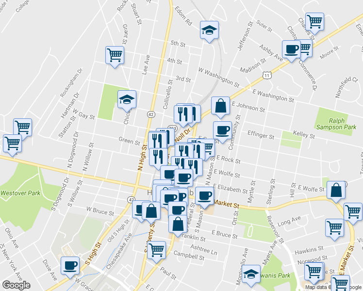 map of restaurants, bars, coffee shops, grocery stores, and more near 9 West Rock Street in Harrisonburg