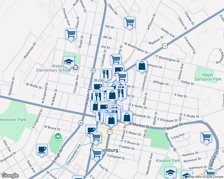 map of restaurants, bars, coffee shops, grocery stores, and more near 9 West Rock Street in Harrisonburg