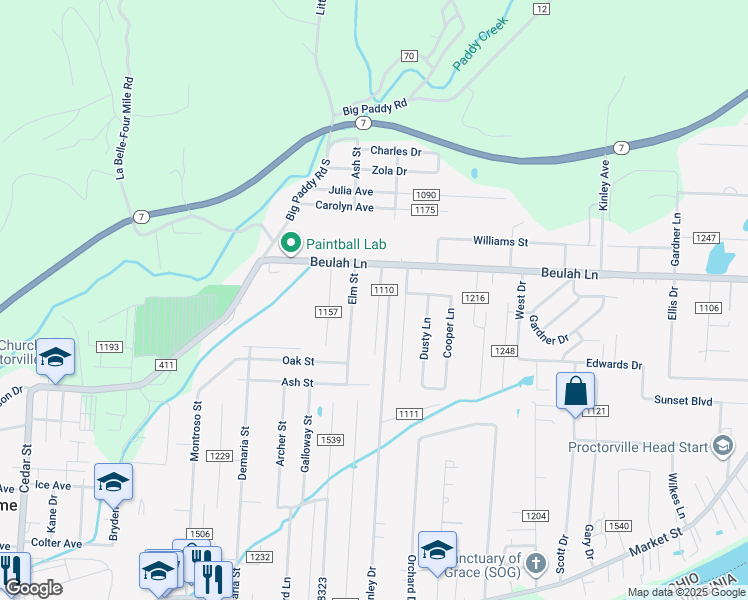 map of restaurants, bars, coffee shops, grocery stores, and more near 195 Township Highway 1110 in Proctorville