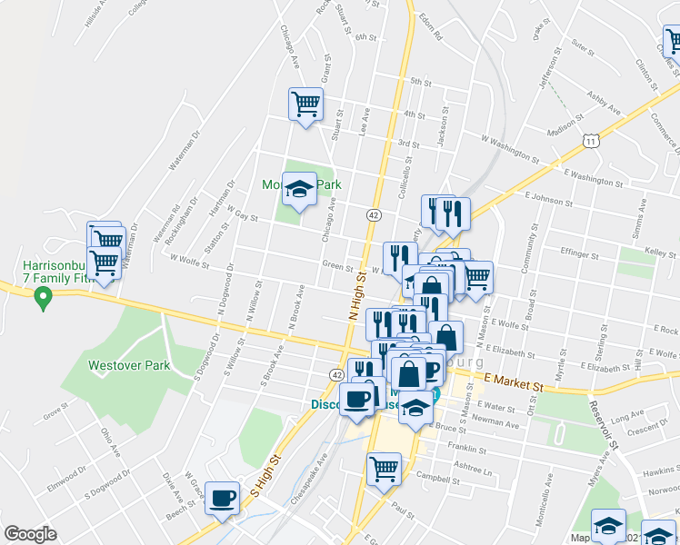 map of restaurants, bars, coffee shops, grocery stores, and more near 267 Green Street in Harrisonburg
