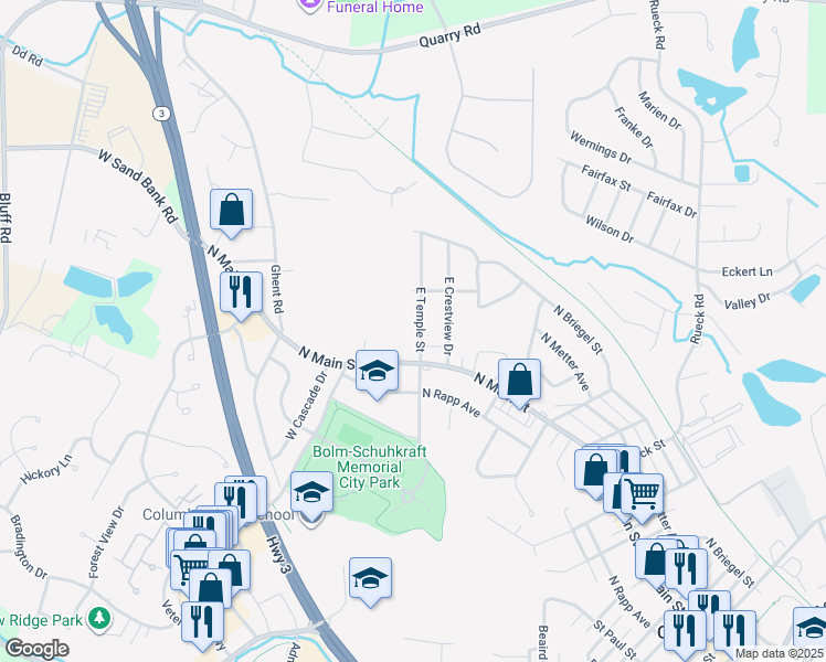 map of restaurants, bars, coffee shops, grocery stores, and more near 118 East Temple Street in Columbia