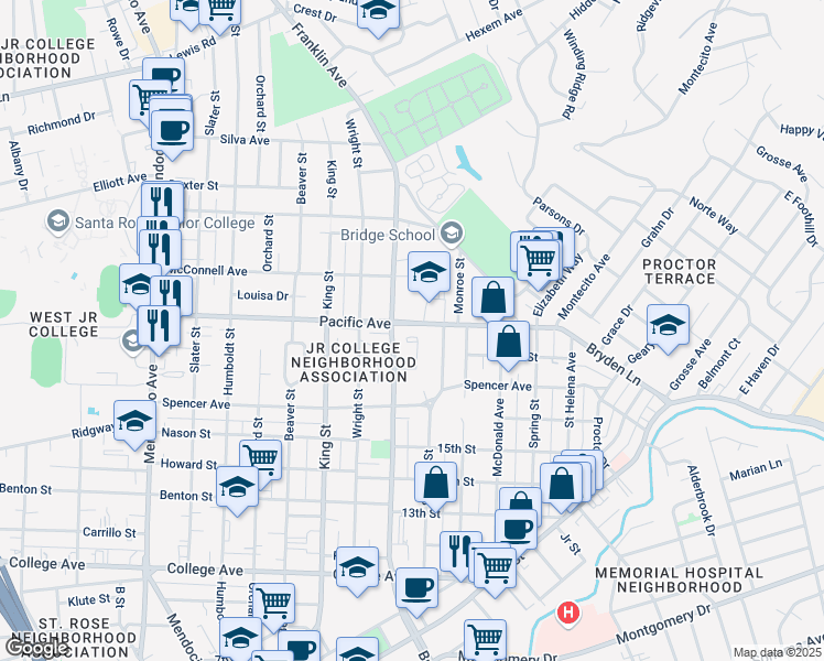 map of restaurants, bars, coffee shops, grocery stores, and more near 1320 North Street in Santa Rosa