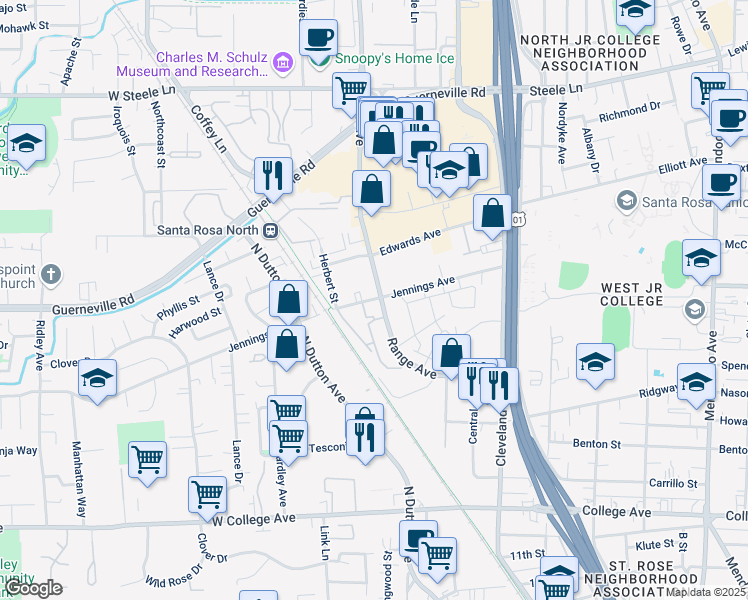 map of restaurants, bars, coffee shops, grocery stores, and more near 1020 Jennings Avenue in Santa Rosa