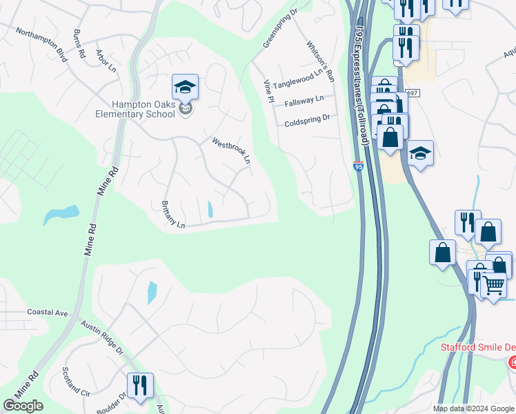 map of restaurants, bars, coffee shops, grocery stores, and more near 3 Sydney Lane in Stafford