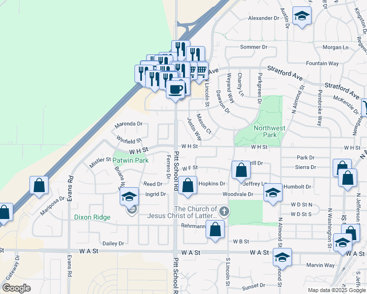 map of restaurants, bars, coffee shops, grocery stores, and more near 1380 Macdonald Court in Dixon